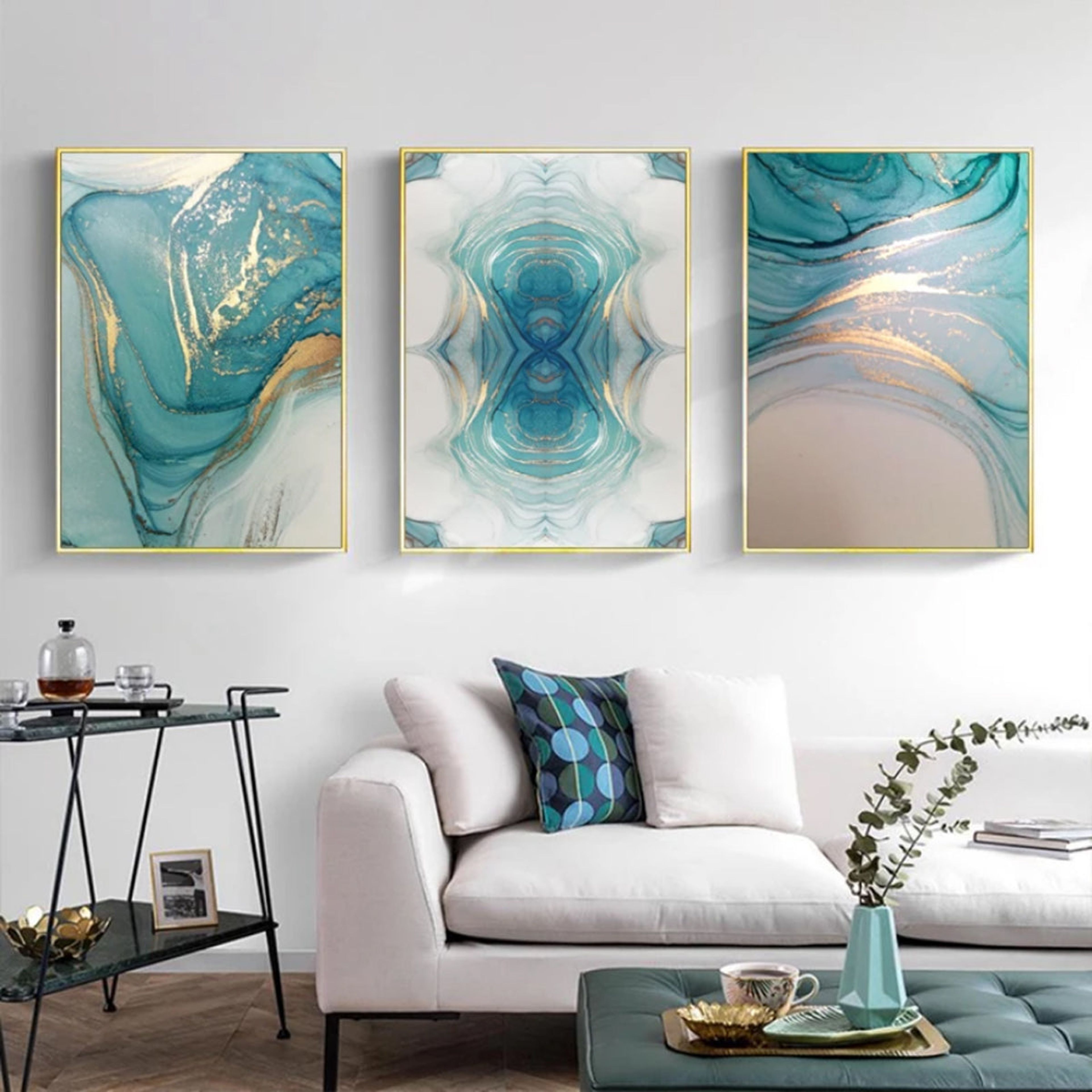 TPFLiving Luxus Poster Leinwand - Abstrakte Strukturen - Türkis, Gold, Grau Beige - 13 verschiedene Größen - Günstiges 3-er Set OHNE Rahmen - SET - 50x70cm