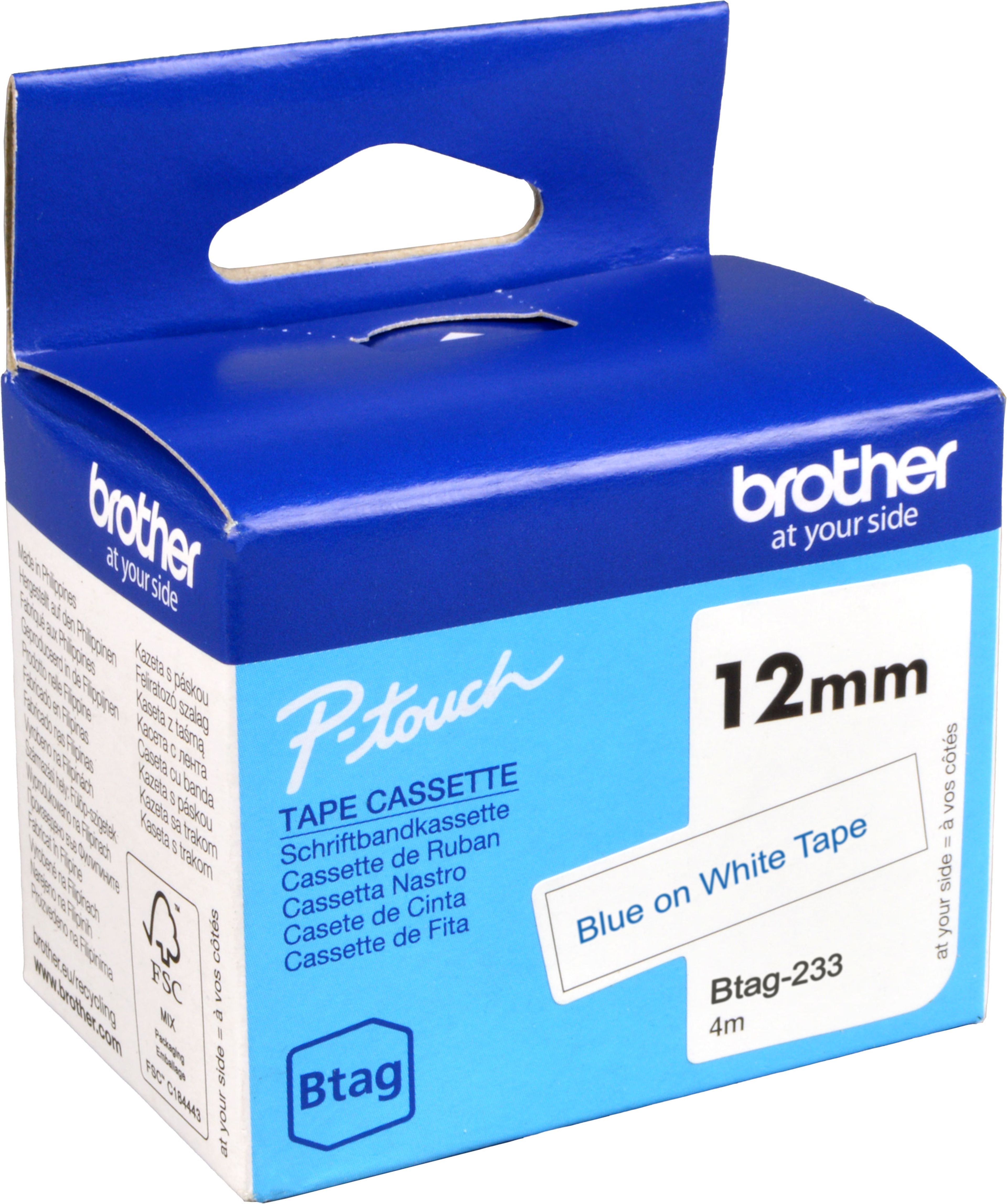 Originalband Brother Btag-233 12mm x 4m blau auf weiß nicht laminiert