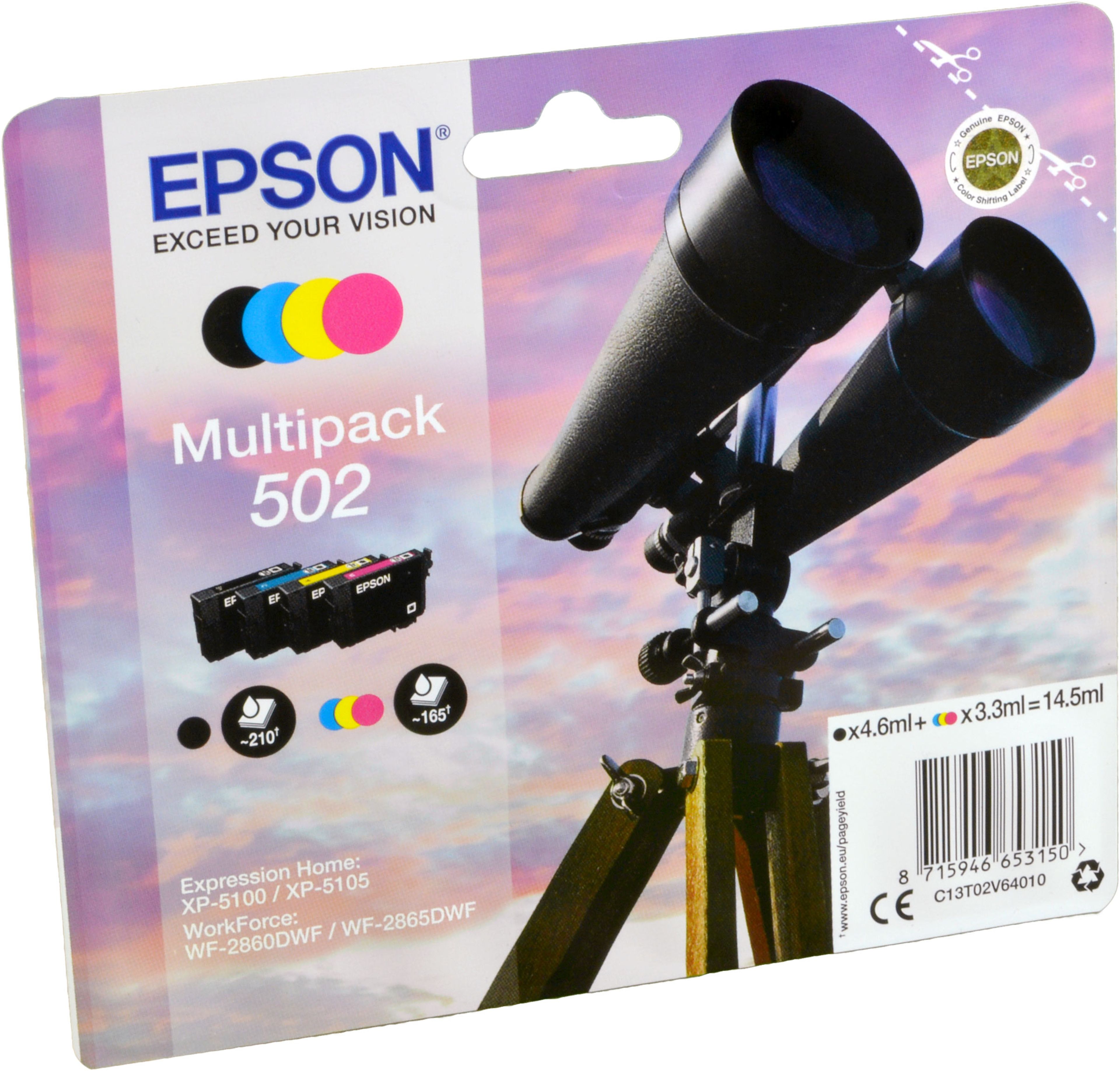 4 Epson Tinten C13T02V640 Multipack KCMY 502