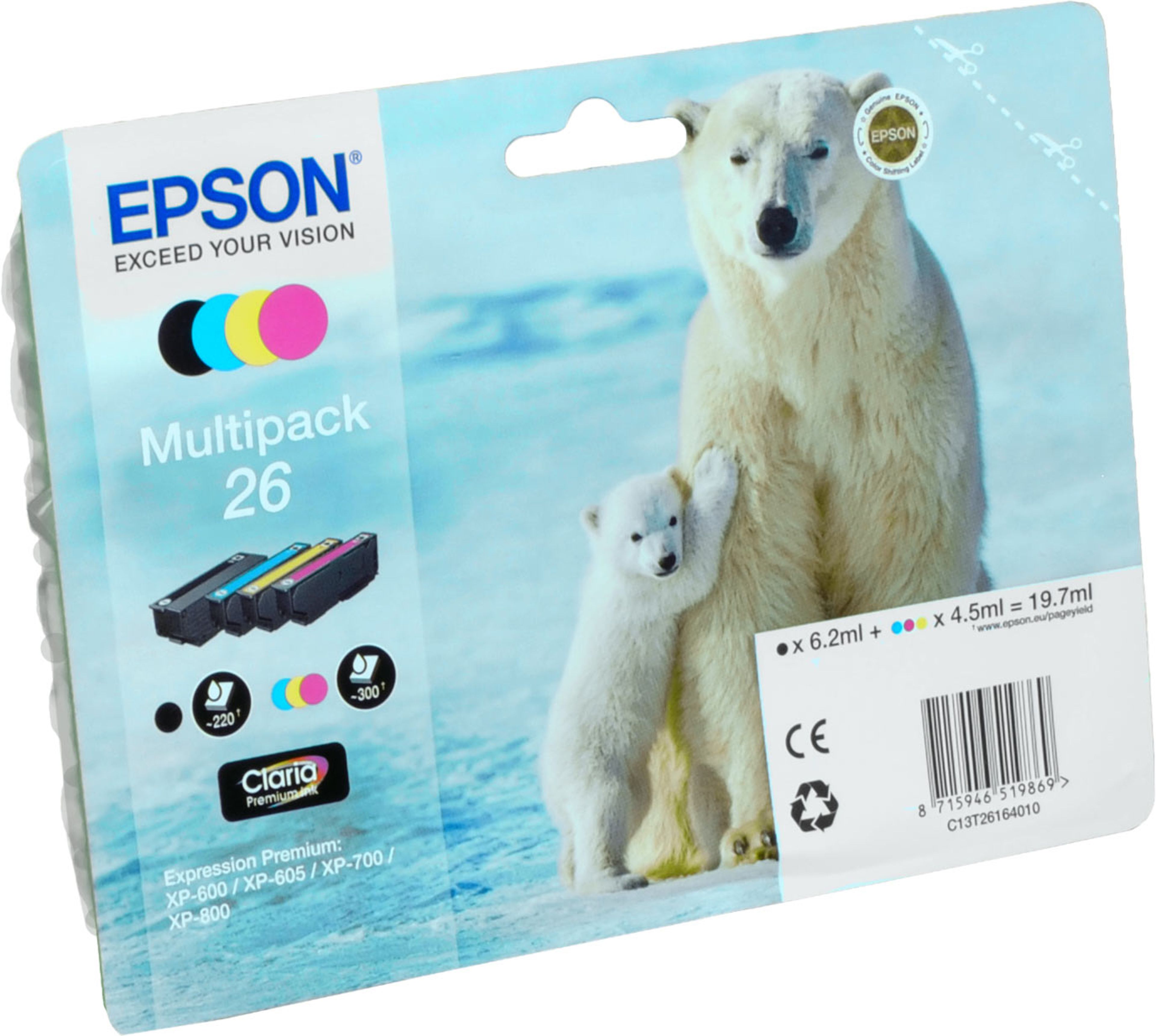 4 Epson Tinten C13T261640 Multipack KCMY 26