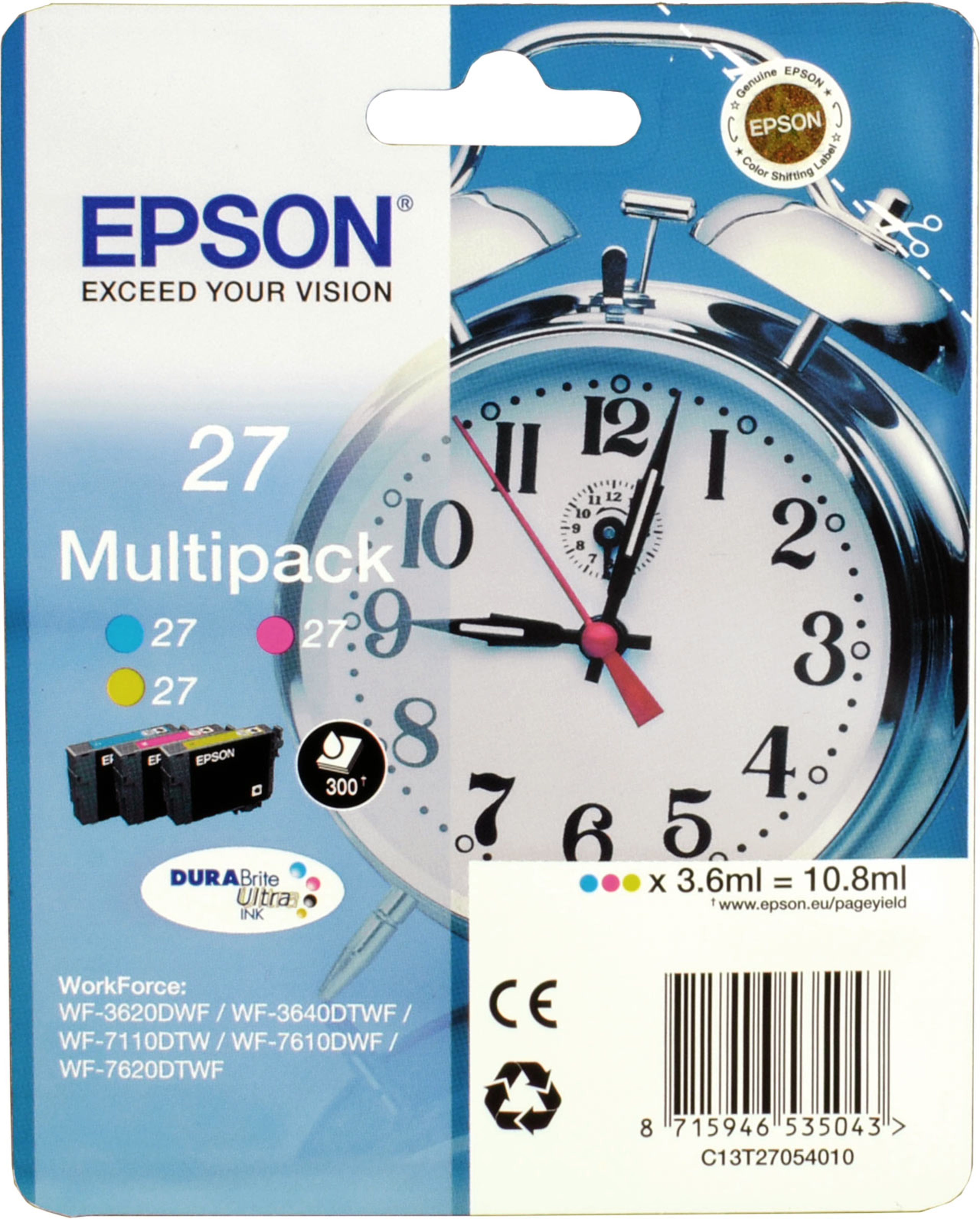 3 Epson Tinten C13T270540 Multipack CMY 27