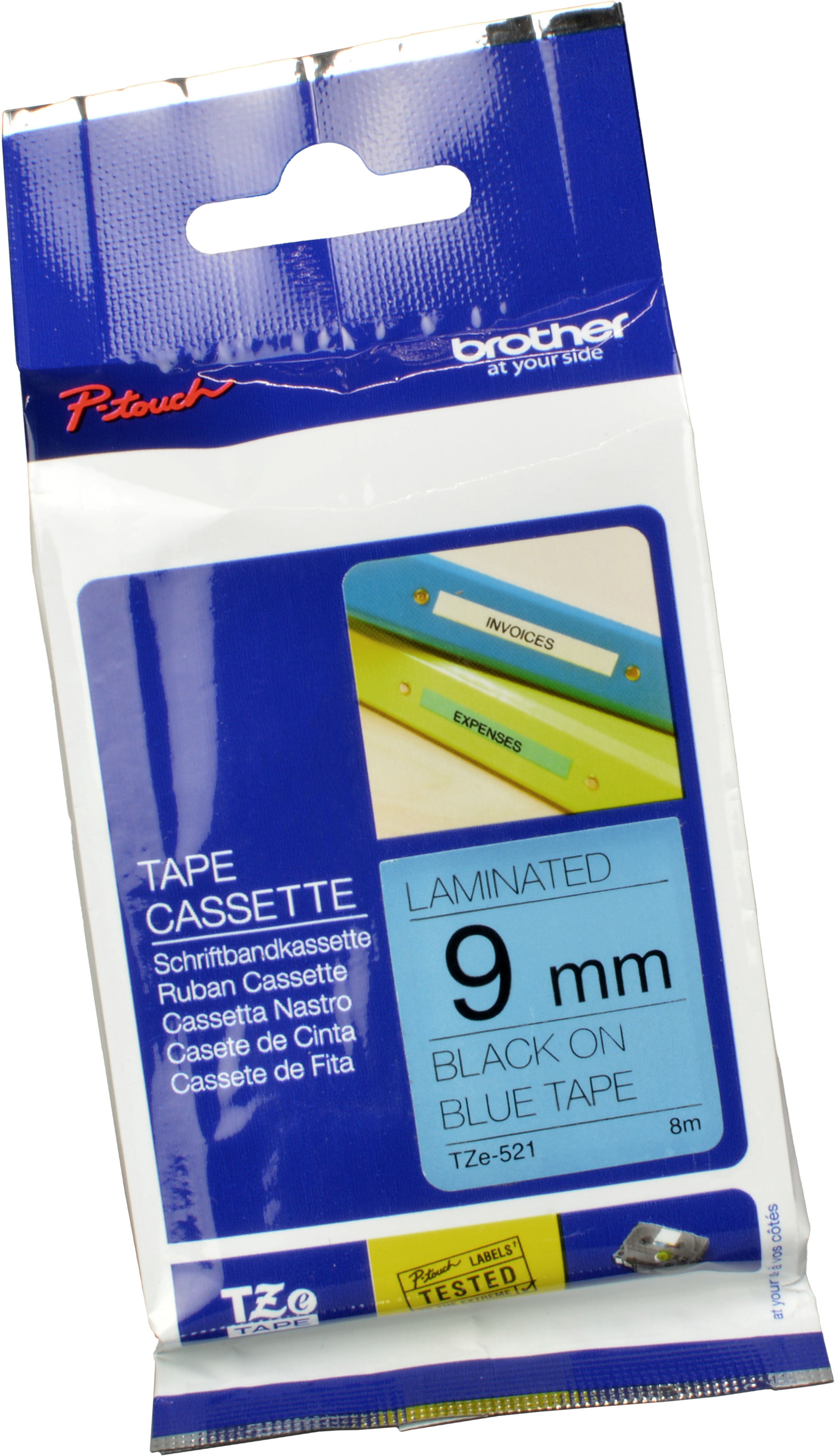 Brother P-Touch Band TZe-521  schwarz auf blau  9mm / 8m  laminiert