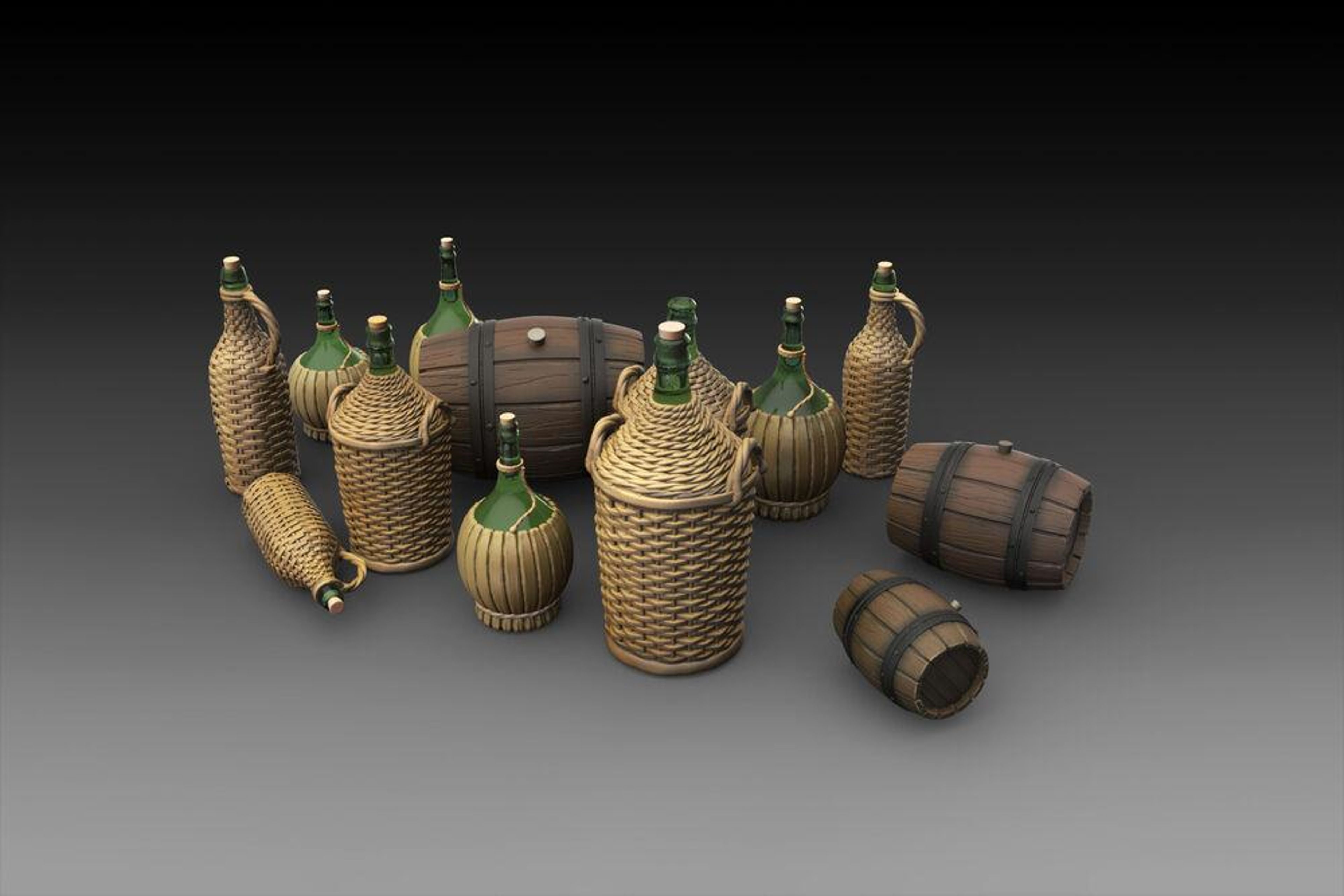 Wicker Bottles Demijohn Glass and small barrels